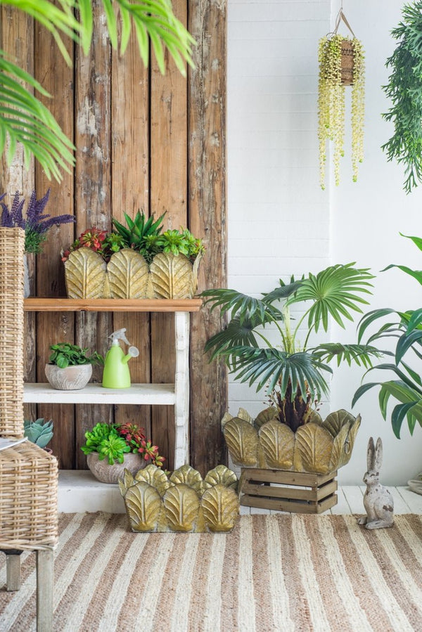 English Elm Set of 3 Zinc Planters with Aged Golden Patina for Rustic Farmhouse Indoor Decor W2078P499528