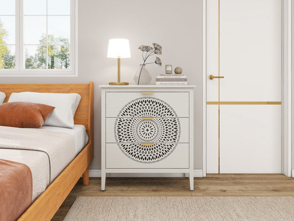 English Elm 3 Drawer Cabinet with Hollow Carved Accents, Solid Pine Feet, Gold Handles & Smooth Metal Slides — Elegant Storage for Entryway Bedroom Living Room Beige W688138992