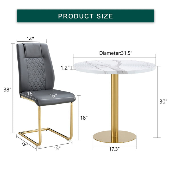 English Elm Table 5-Piece Set: Elegant 31.5-Inch Round Marble Dining Table With 4 Gray Pu Chairs & Gold Legs W1151S02493-GIGA