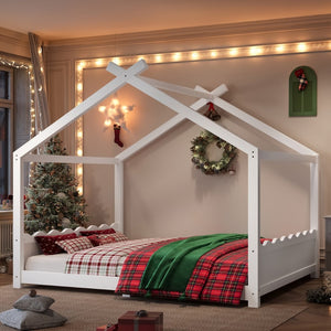 English Elm Queen House Frame Floor Bed Solid Pine Montessori Low Profile Kids Bedroom Light White W1580P387847