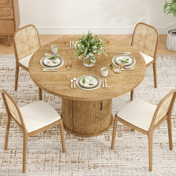 English Elm 43" Round Wood Dining Table with Geometric Metal Base Seats 4 Space Saving Modern Walnut T3623P433903