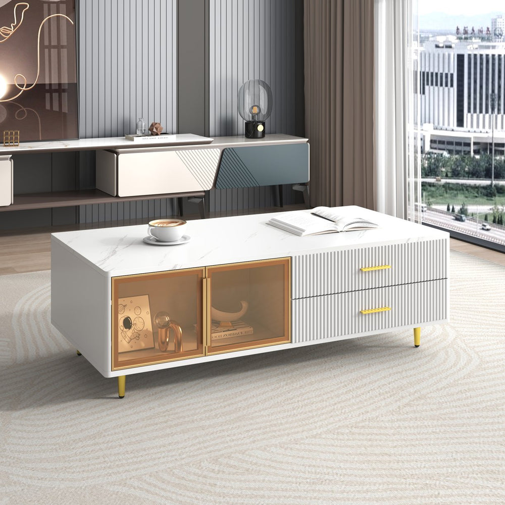 English Elm Modern Blue MDF Coffee Table with Marble Top, 2 Glass Door Cabinets, 4 Drawers, Gold Legs & LED Lighting (47.2") N735P167909