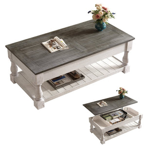 English Elm Farmhouse Coffee Table Solid Planked Wood with Open Shelf Square Baluster Living Room Ancient White,Antique Grey W1445P362856