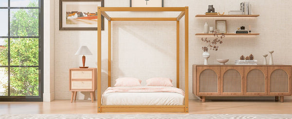 English Elm Queen Canopy Platform Bed with Sturdy Support Legs, Pine/MDF Frame, Slatted Ventilated Base, 550lb Capacity Natural WF293232AAM