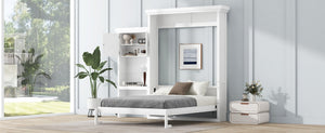 English Elm Queen Size Murphy Bed With Stylish Louvered Design, Multi-Storage Shelves, And Elegant White Finish N7090004018K-GIGA