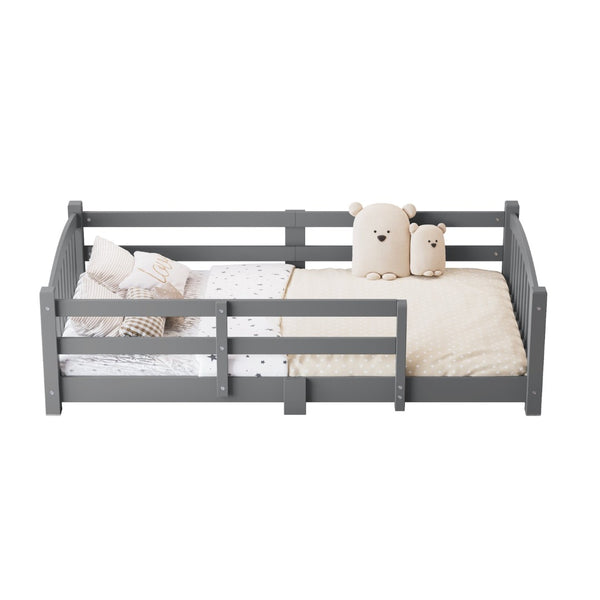 English Elm Twin Montessori Floor Bed Solid Pine Frame with Safety Guardrails for Kids Bedroom Gray N733P400298E