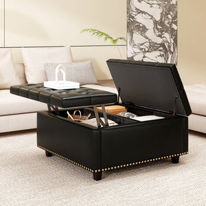 English Elm Large Tufted Pu Leather Ottoman with Bronze Rivets Mid-century Storage Footrest W2113P182630