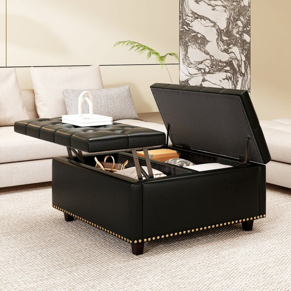 English Elm Large Tufted Pu Leather Ottoman with Bronze Rivets Mid-century Storage Footrest W2113P182630