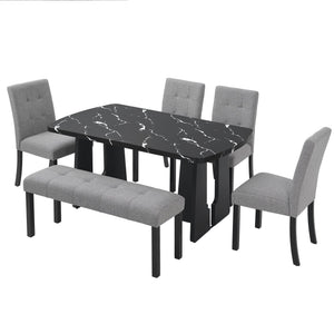 English Elm 6 Piece Dining Set with Rectangular Solid Wood Table, Upholstered Chairs & Bench, Rustic Charm, Easy Assembly, Seats 6 Black+ Gray N752S000011B