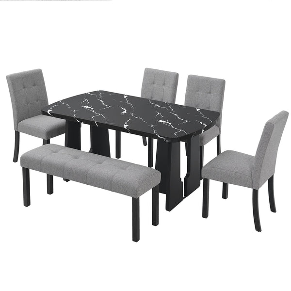 English Elm 6 Piece Dining Set with Rectangular Solid Wood Table, Upholstered Chairs & Bench, Rustic Charm, Easy Assembly, Seats 6 Black+ Gray N752S000011B