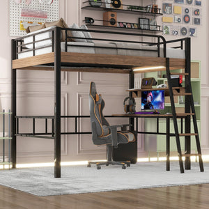 English Elm Metal Full Size Loft Bed with LED Light, Built-In Full-Length Desk, Storage Shelf & Ladder — Space-Saving Industrial Black, Sturdy Metal Frame for Study & Sleep GX001120AAB