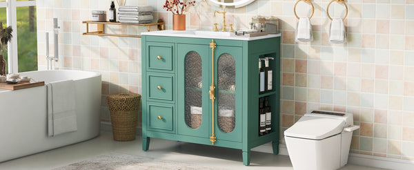 English Elm 36-inch Modern Bathroom Vanity Pine Frame Ceramic Sink 3 Drawers Glass Door Cabinet N710P223192F