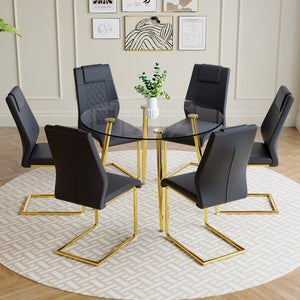 English Elm A Modern Minimalist Style Round Transparent Tempered Glass Table With Gold Metal Legs, Paired With 6 Modern Pu Leather High-Back Dining Chairs ,Bring A Luxurious Experience.