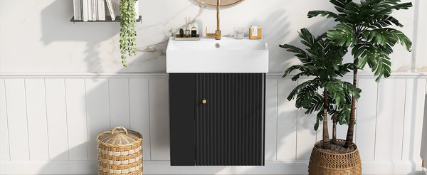 English Elm 21.6 Modern Floating Bathroom Vanity with Ceramic Basin, Wave Door, Rose Gold Handle, Space-Saving Black N729P170390B