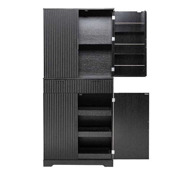 English Elm 72" Fluted Kitchen Pantry Cabinet with Anti-Tilt Stabilizers, Triple-Fold Hinges, Spice Door Racks and Deep Storage Black W2917P294985