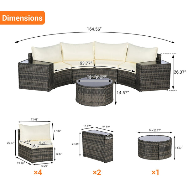 English Elm Outdoor Half Moon Sectional Set 7 Piece Rattan Sofa with Tempered Glass Coffee Table Beige W874S00044