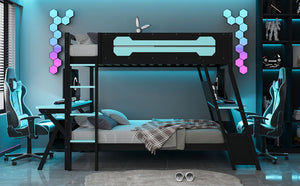 English Elm Full Size Gaming Bunk Bed with Dual Desks Usb Charging Ports and Pegboard Storage Blue LT000274AAC