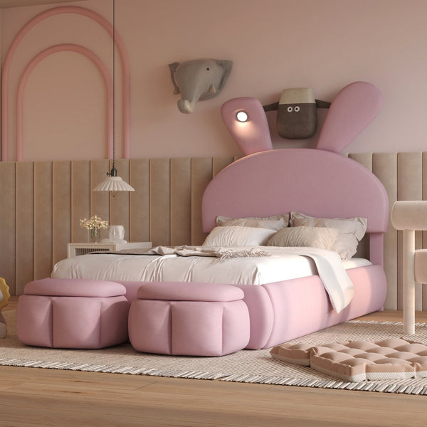 English Elm Twin Upholstered Platform Bed with Cute Cartoon Ears Headboard, LED Light, Adjustable Height, Pink WF321677AAH