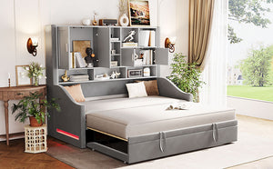 English Elm Twin Upholstered Daybed with LED Armrest Lighting, Hidden Storage Shelves & Lift-Up Pull-Out Trundle Gray SF000198AAE