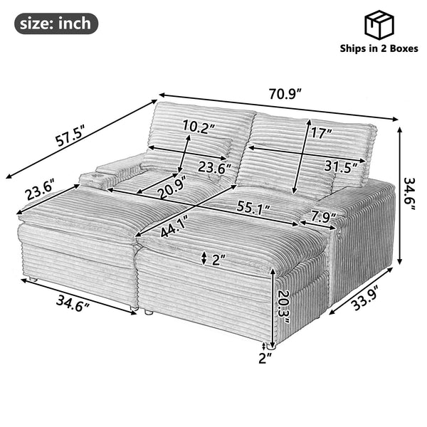 English Elm Loveseat Convertible Sectional Sofa Bed with Storage, Two Ottomans, Dual USB Ports & Cup Holders Grey N719S002140E