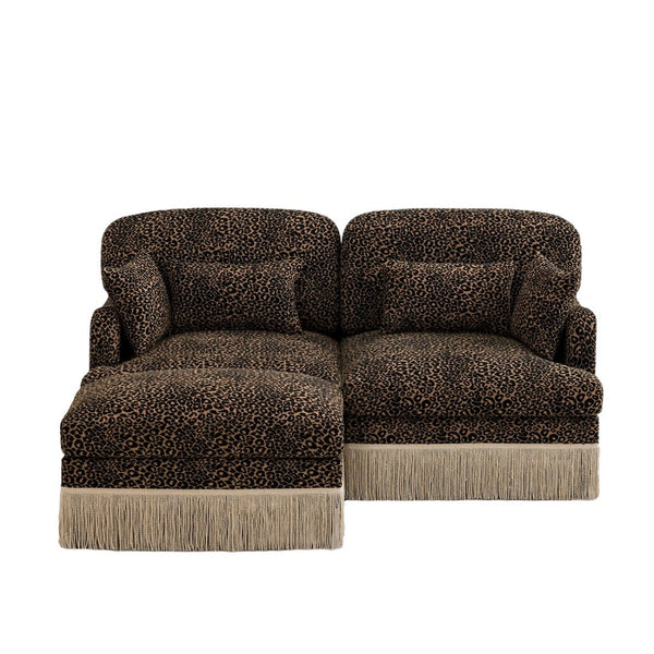 English Elm Comfy Chenille Leopard Print Loveseat with Tassel Trim Movable Ottoman Living Room Brown W5656S00011