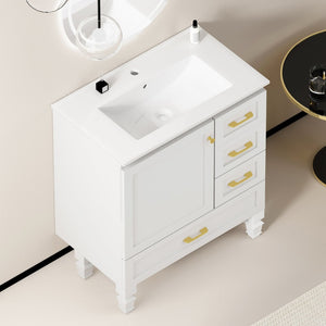 English Elm 30"black Matte Finish Bathroom Vanity with Soft Close Cabinet and Three Storage Drawers White W3133S00017