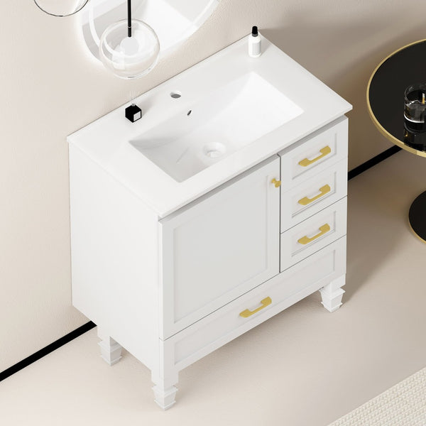 English Elm 30"black Matte Finish Bathroom Vanity with Soft Close Cabinet and Three Storage Drawers White W3133S00017