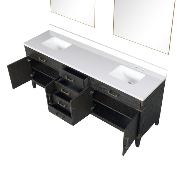 English Elm Black Oak Double Bath Vanity Set With White Quartz Top, Matching Mirrors & Ample Storage Solutions B2731S02159