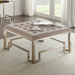 English Elm Beige Tufted Cocktail Ottoman with Plush Padded Cushion, Champagne Finish, 36" Square, Elegant Seating B062P209193