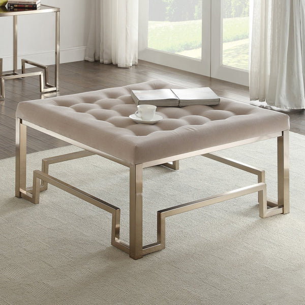 English Elm Beige Tufted Cocktail Ottoman with Plush Padded Cushion, Champagne Finish, 36" Square, Elegant Seating B062P209193