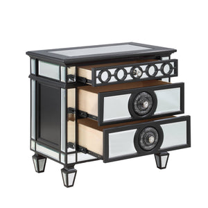 English Elm Glam Mirrored Nightstand with 2 Drawers and Crystal Knobs, Tapered Legs and Geometric Accents — Elegant Bedroom Storage Black,Silver 22.25 L x 35 W x 29.5 H B2741P324367