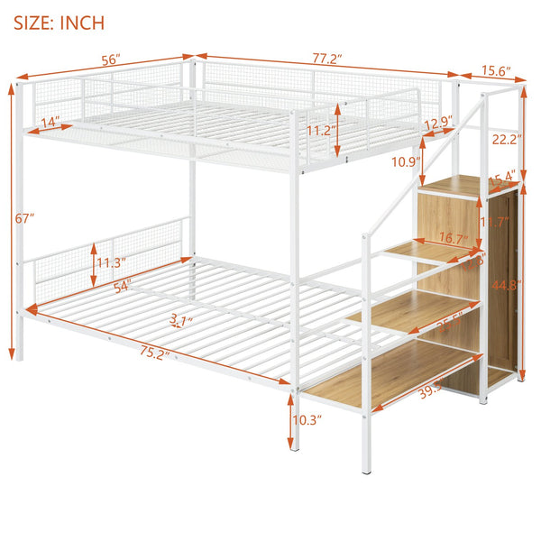 English Elm Twin Over Full Metal Bunk Bed with Trundle, Step Ladder Storage, Wardrobe & Wire Shelving, Durable Frame White SF000172AAK