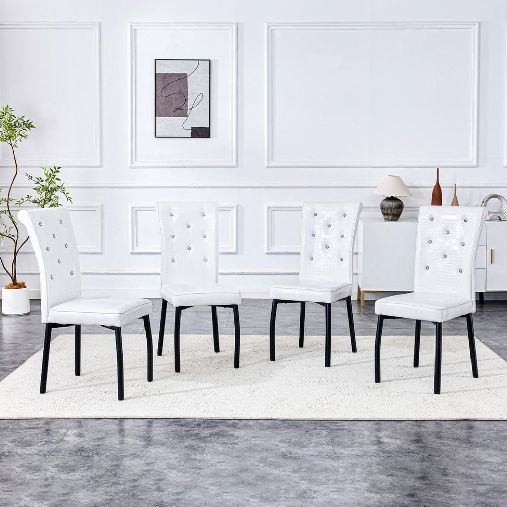 English Elm A Set of 2 Crystal Button Faux Leather Dining Chairs with Embossed Croc Texture White+Black W3226P344024