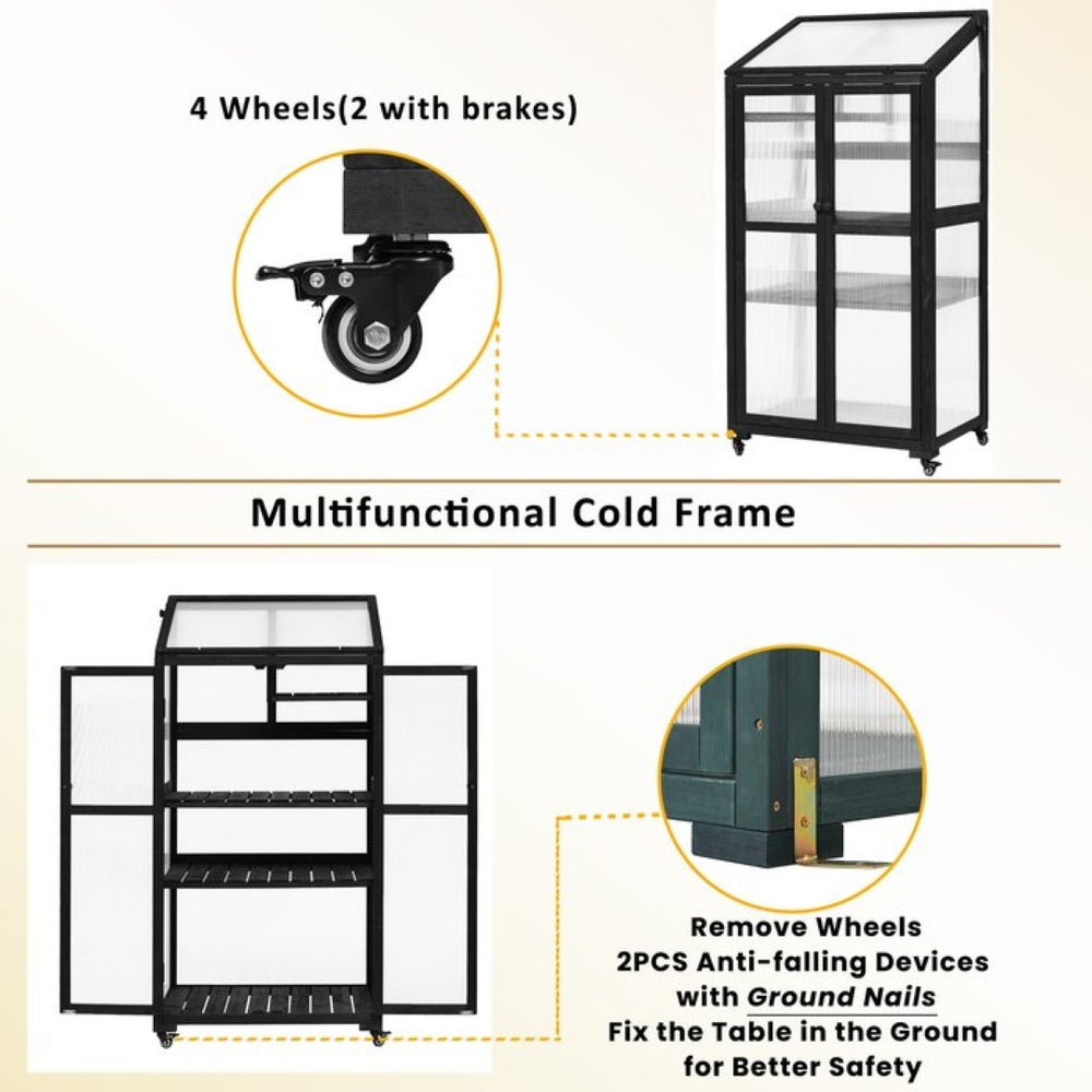 English Elm Topmax Fir Wood Polycarbonate Cold Frame Greenhouse with Wheels Adjustable Shelves Outdoor Black WF297923AAB