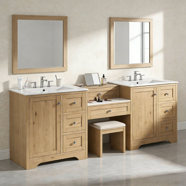English Elm 84" Double Sink Vanity with Stone Countertop Six Soft Close Drawers and Silver Knobs Wood N817P404196B