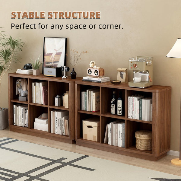 English Elm 6 Cube Farmhouse Bookcase Low Horizontal Wood Shelf Walnut Finish for Living Room W2641P460042