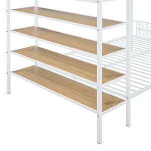 English Elm Twin Twin Over Full Metal Bunk Bed with 5-Tier Staircase Shelves, Space-Saving Storage & Wood Accents White SF000175AAK