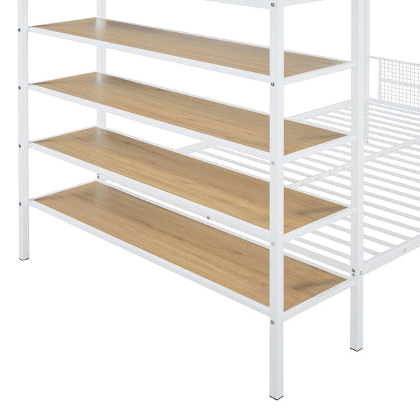 English Elm Twin Twin Over Full Metal Bunk Bed with 5-Tier Staircase Shelves, Space-Saving Storage & Wood Accents White SF000175AAK