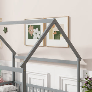 English Elm Full Size House Bed Frame With Roof, Safety Guardrails, Grey Finish - Perfect For Kids' Room Fun! W504P286407