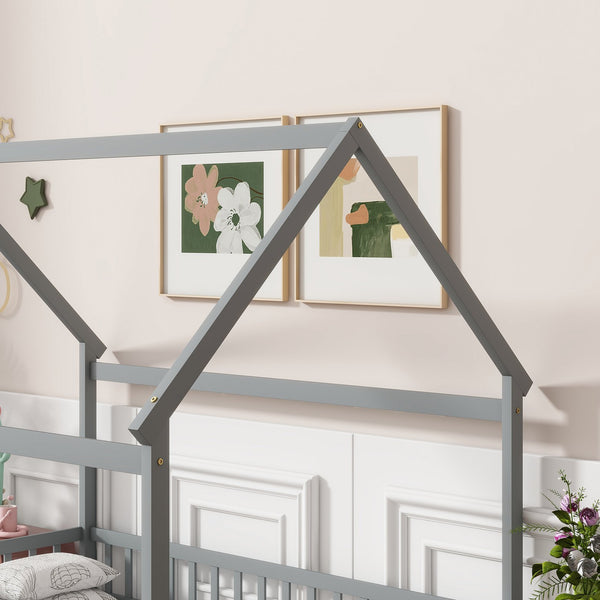 English Elm Full Size House Bed Frame With Roof, Safety Guardrails, Grey Finish - Perfect For Kids' Room Fun! W504P286407