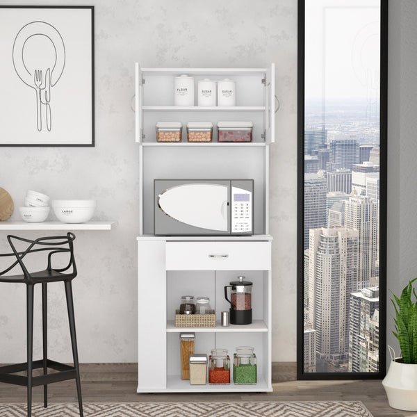 English Elm Poole Pantry Cabinet White with Microwave Countertop, Drawer, 3 Side Shelves & Adjustable Legs B128P148963