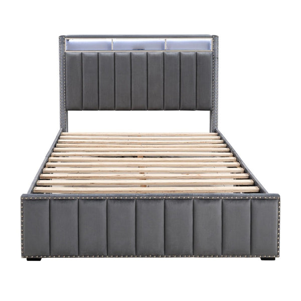 English Elm Beautiful Upholstered Full Bed with Led Lighting Storage Shelves and Channel Tufted Headboard Dark Gray B2741S00772