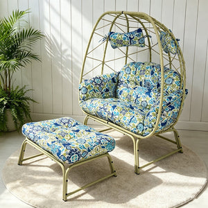 English Elm Double Wicker Egg Chair with Ottoman Bohemian Rattan Outdoor Lounge for Patio T5880P501483