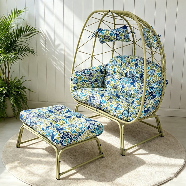 English Elm Double Wicker Egg Chair with Ottoman Bohemian Rattan Outdoor Lounge for Patio T5880P501483