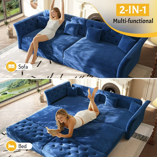 English Elm 100" Oversized Velvet Sleeper Sofa with Floral Tufted Cushions for Living Room Blue W1885S00303