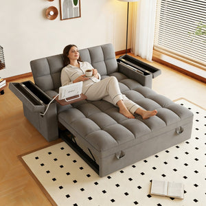 English Elm 65-inch Velvet Convertible Sleeper Sofa with Usb Port Storage Armrests Adjustable Back Dark Gray W2564S00115