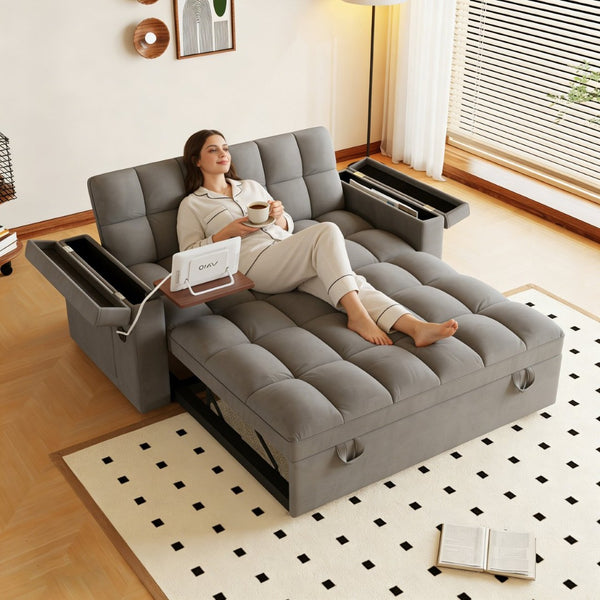 English Elm 65-inch Velvet Convertible Sleeper Sofa with Usb Port Storage Armrests Adjustable Back Dark Gray W2564S00115