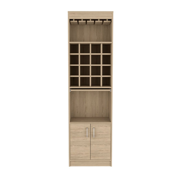 English Elm Being Kava Floor Bar Cabinet Light Pine Finish with Wine Rack and Stemware Storage B200S00097