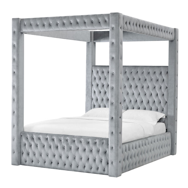 English Elm 1pc Majestic Canopy Four-Poster Queen Bed with Tufted Velvet Headboard & Footboard, Luxurious Statement Gray 62 L x 45.25 W x 7 H B2741S00128