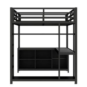 English Elm Metal Loft Bed With Integrated Desk, Storage Shelves & Wardrobe – Space-Saving Solution For All Ages W1580S00117